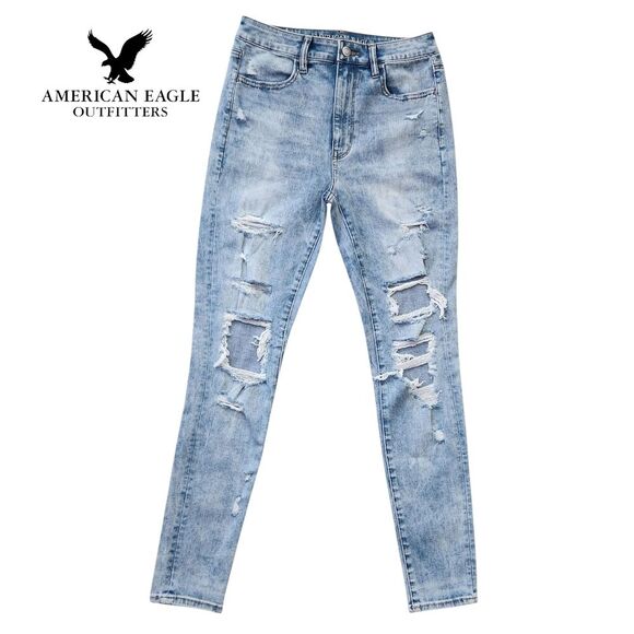 American Eagle Women's Hi-Rise Jeans Denim Blue Skinny Distressed Size 6 Small - Picture 4 of 16
